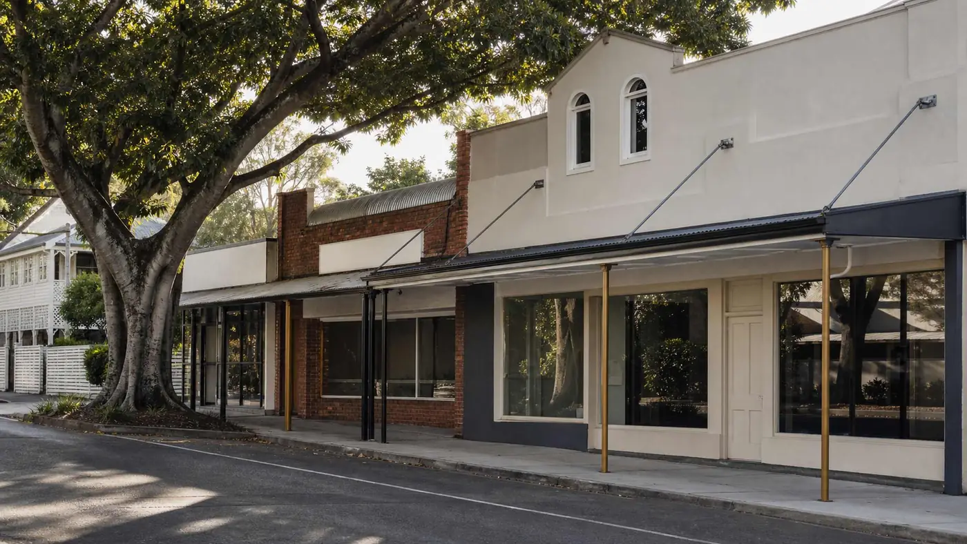 A Brisbane street of small shopfronts in late afternoon light