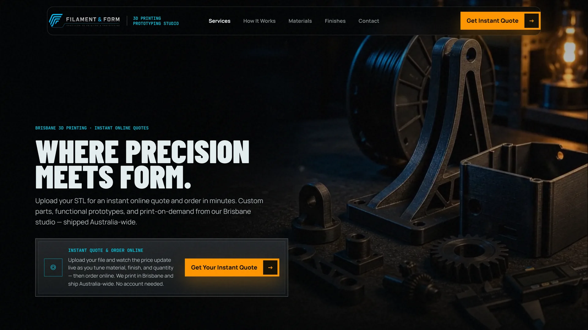 The Filament & Form homepage — printed parts on a dark workbench under the line 'Where precision meets form.'
