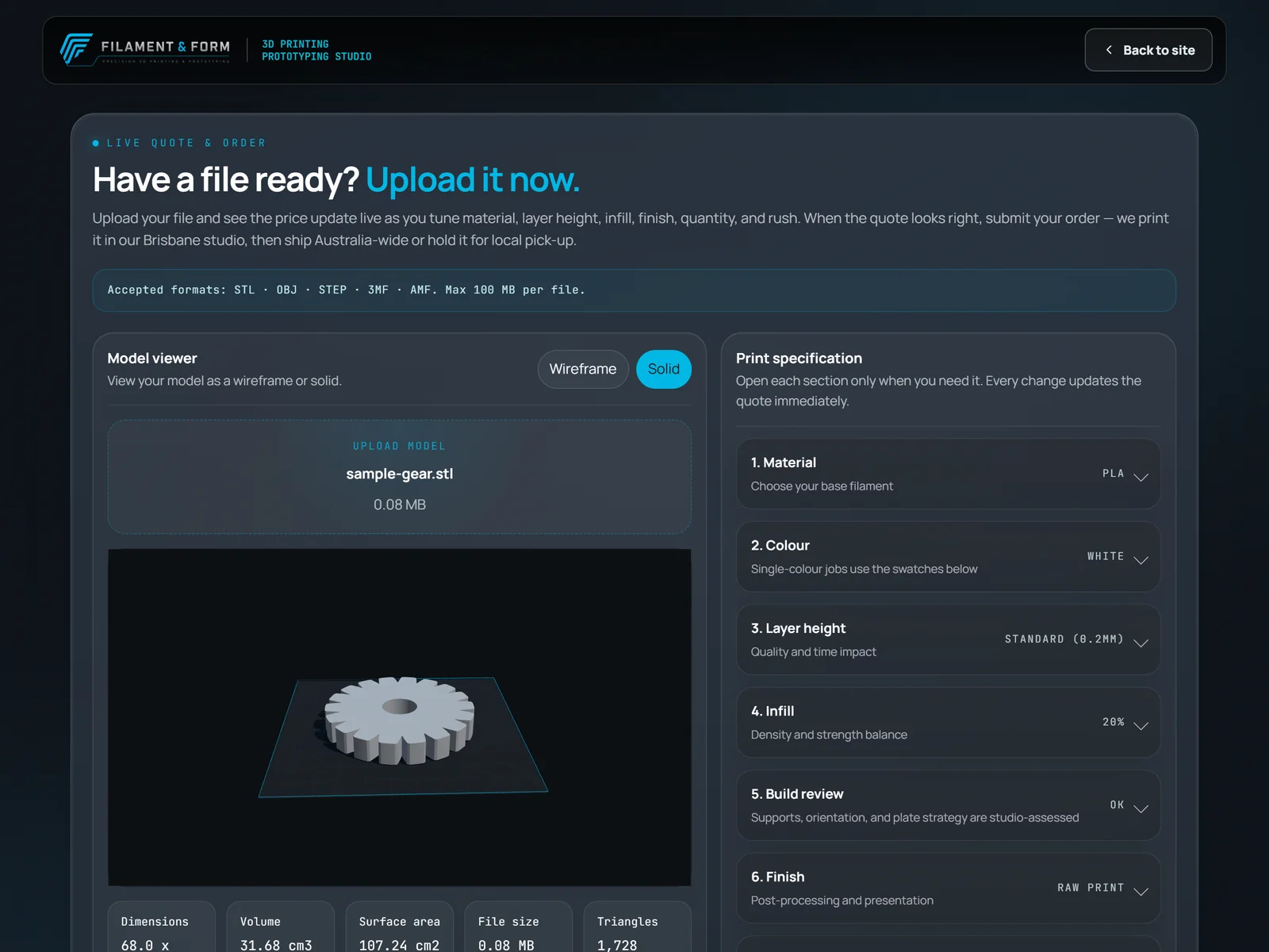 Filament & Form instant quote tool — an uploaded part in the 3D viewer beside the print specification panel