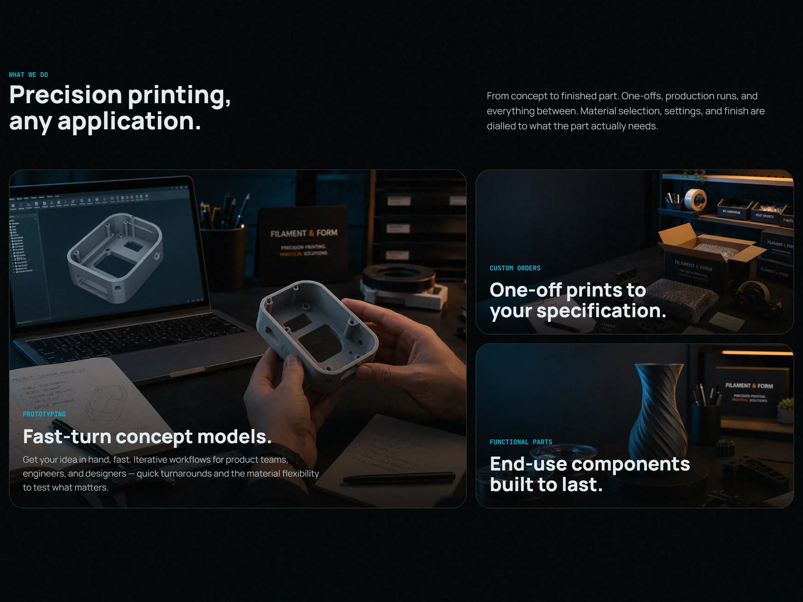 Filament & Form services section — 'Precision printing, any application', with prototyping, custom order and functional part cards