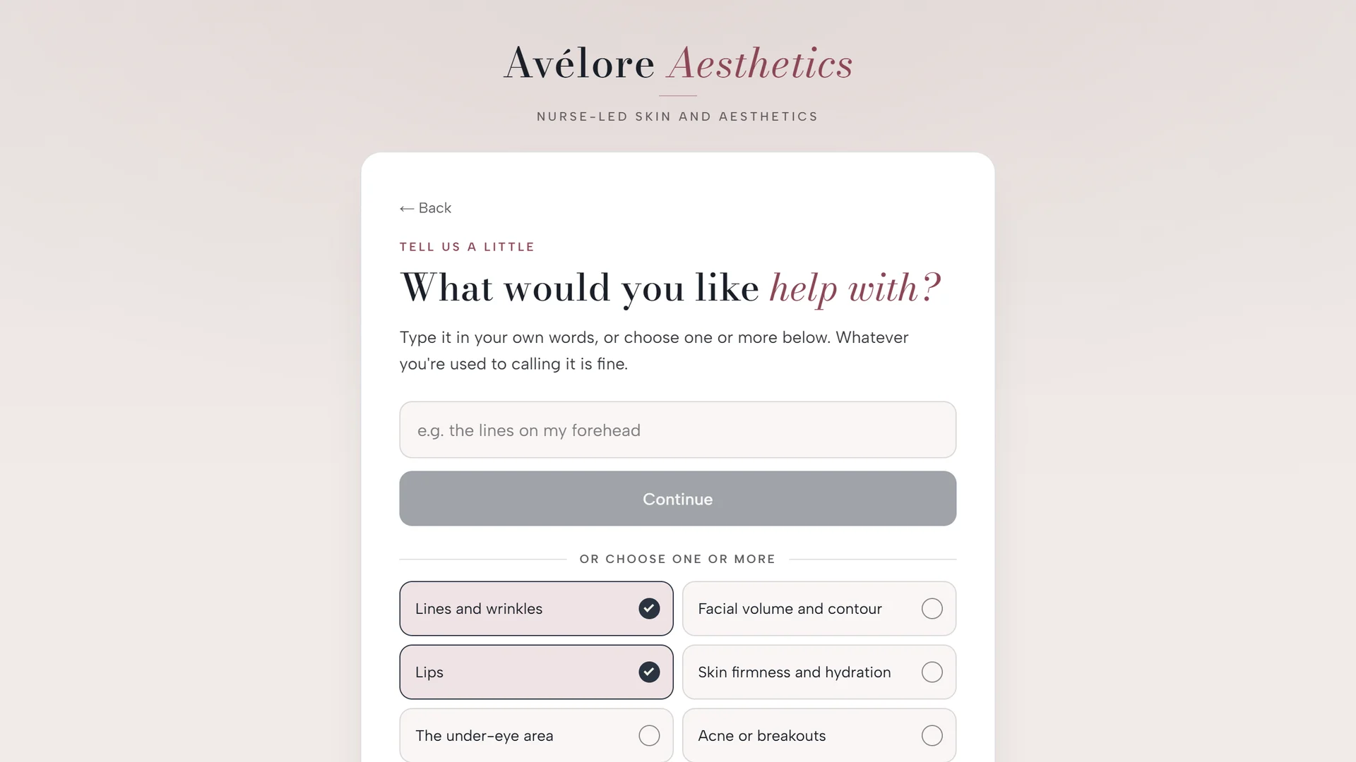 The Booking Concierge by Stoneglow Digital, asking a patient what they would like help with