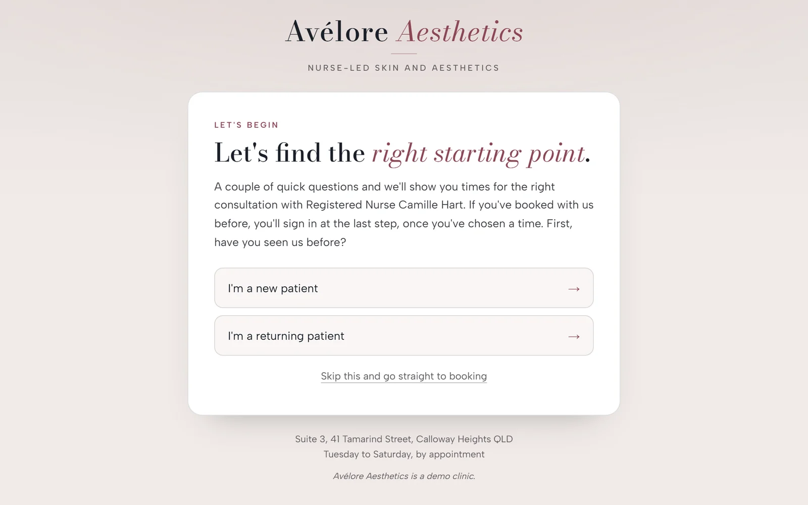 The first step of the concierge, asking whether the patient is new to the clinic or returning.