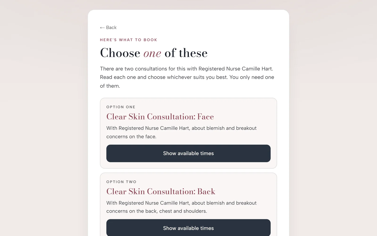 Two options for the same booking, each with its own description and a button to show available times.