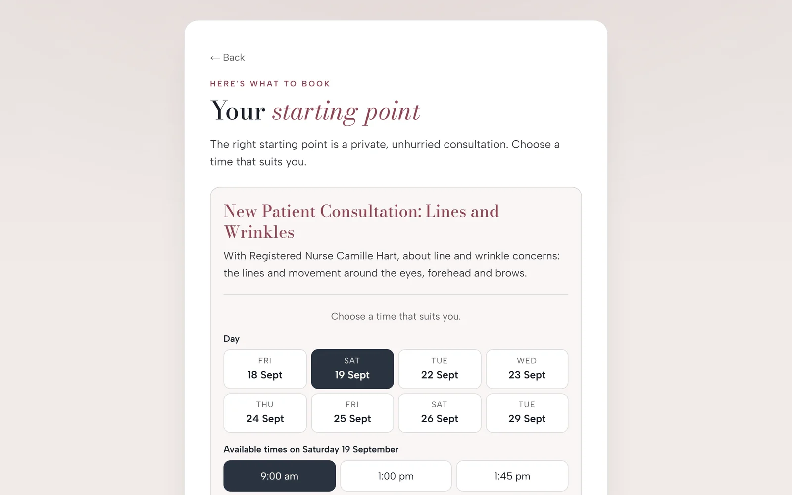 A single recommended consultation with its description, above a booking calendar showing available days and times.