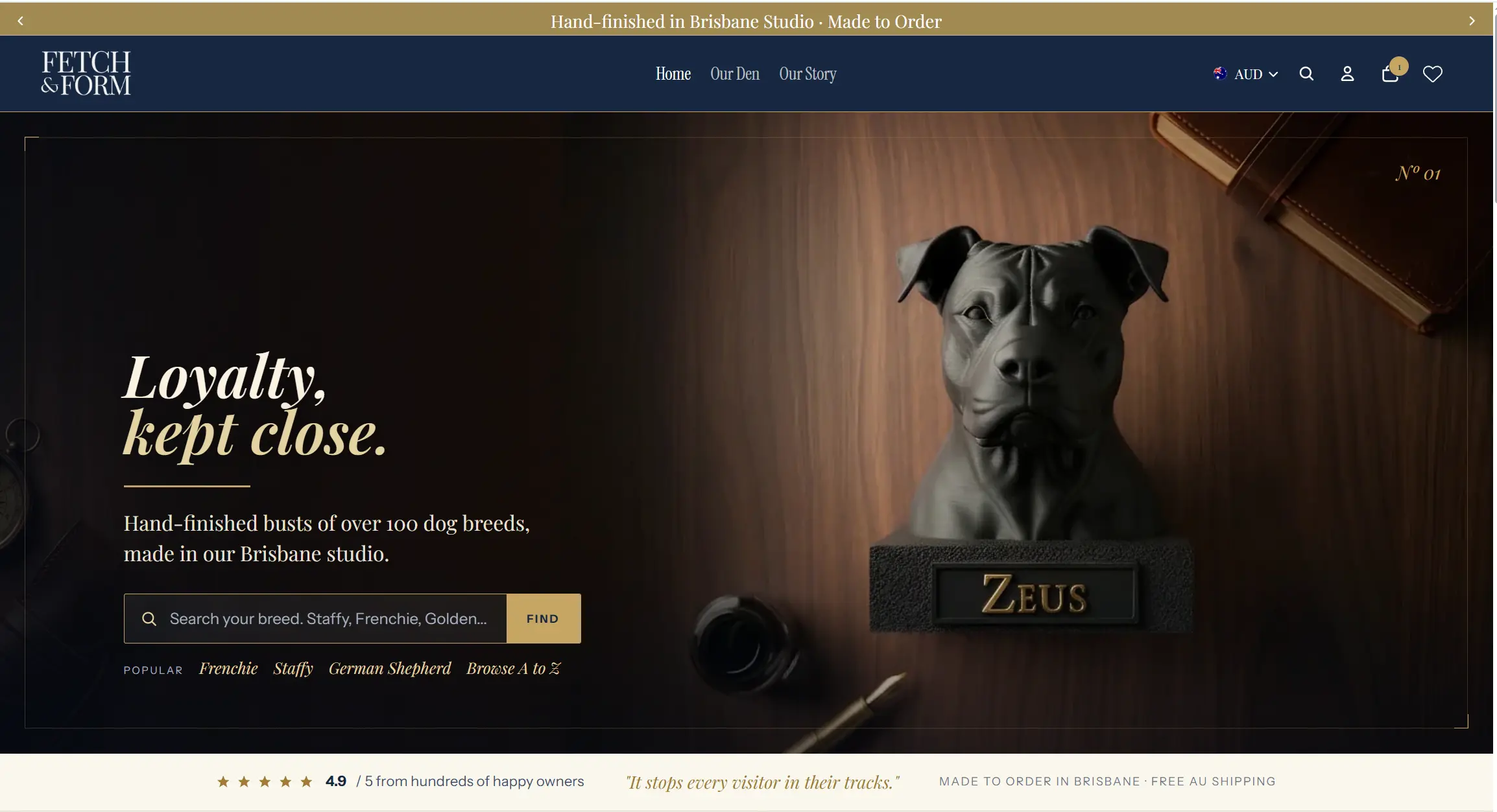 The Fetch & Form homepage — a ceramic dog bust named Zeus on a desk under the line 'Loyalty, kept close.'