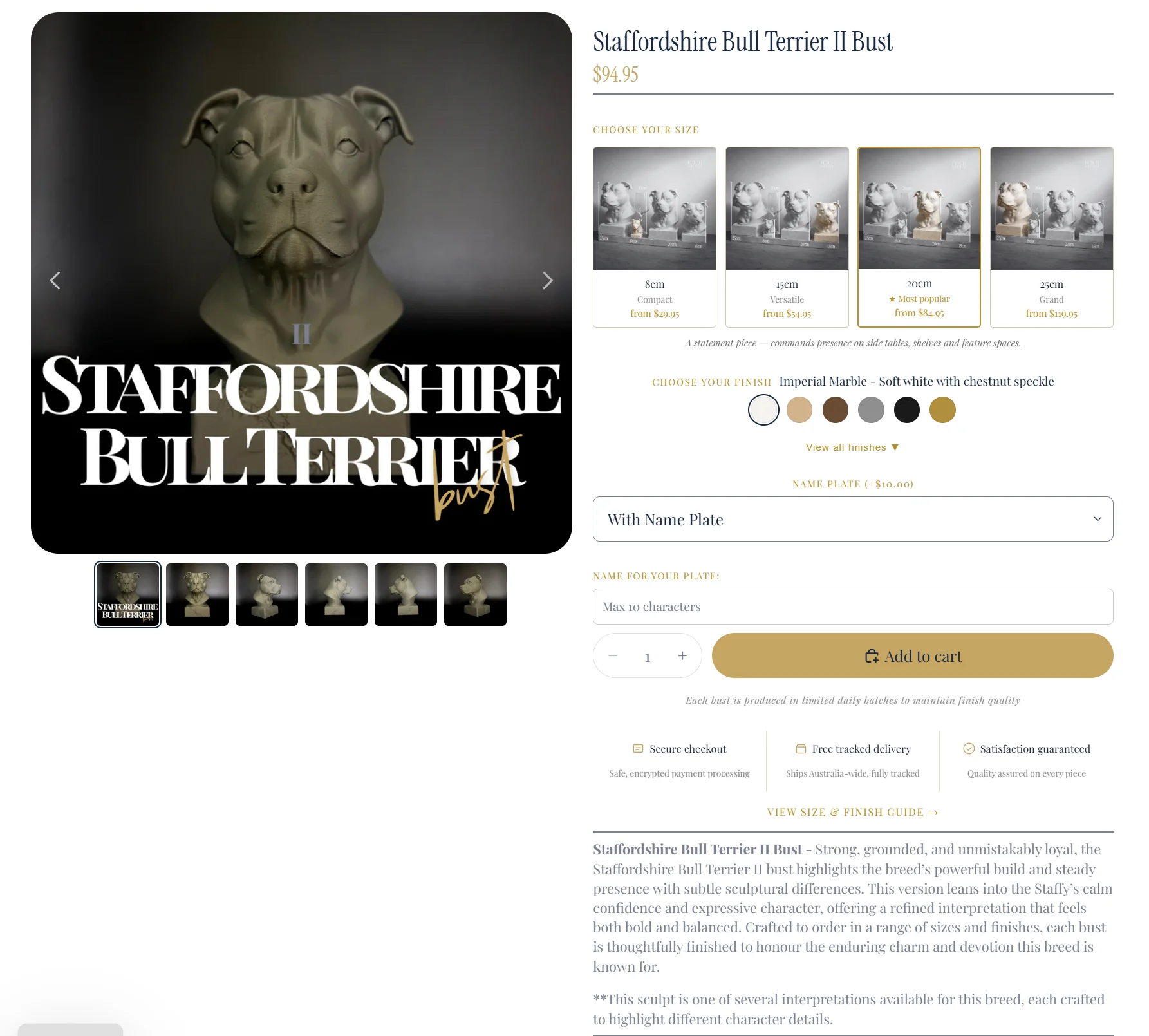 Fetch & Form product page for a Staffordshire Bull Terrier II bust, with size, finish and name-plate options