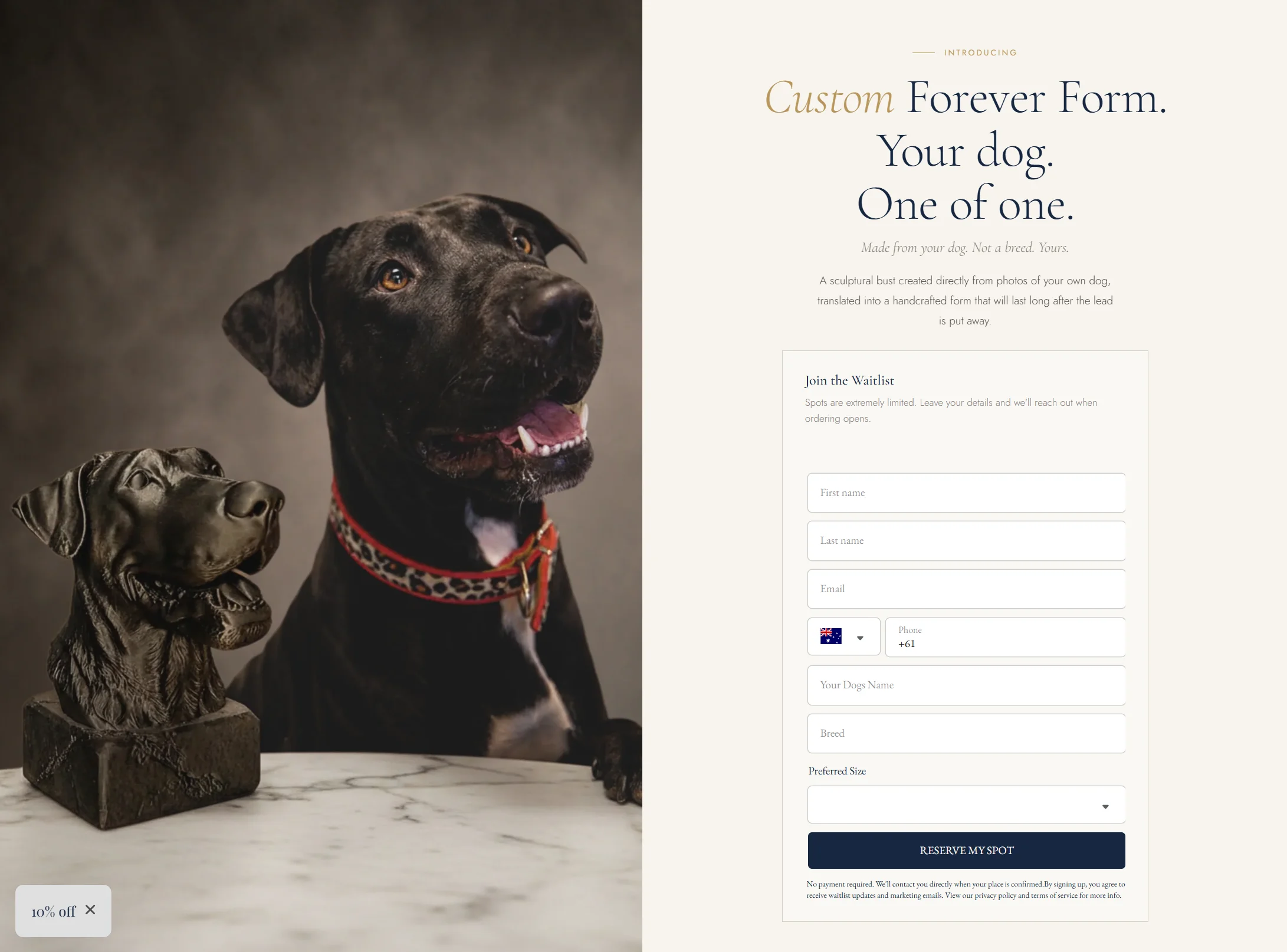 Fetch & Form custom commission page — a black dog beside its ceramic bust under 'Your dog. One of one.', with a waitlist form