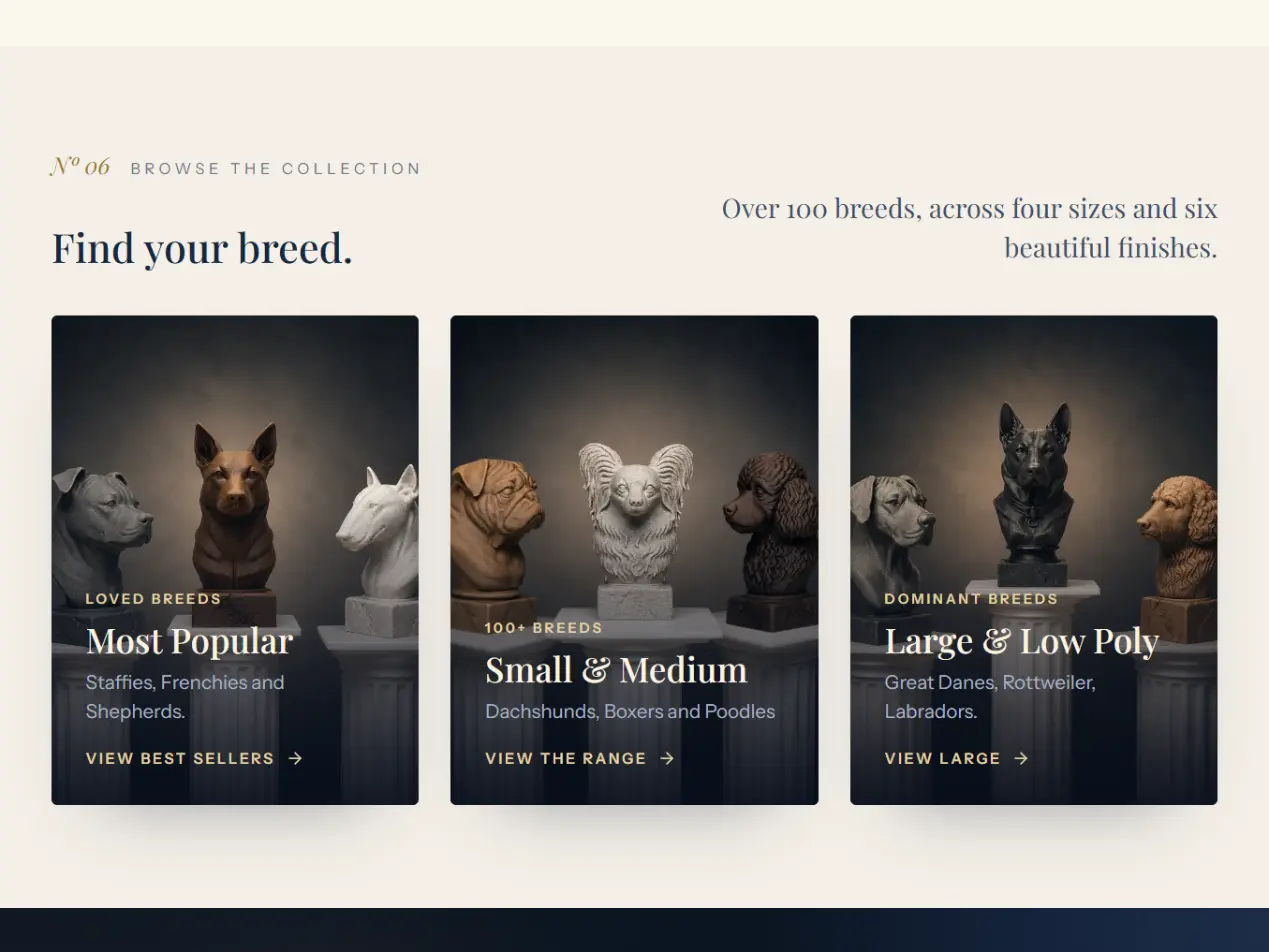 Fetch & Form 'Find your breed' section — three browse-by-size cards of ceramic dog busts on plinths