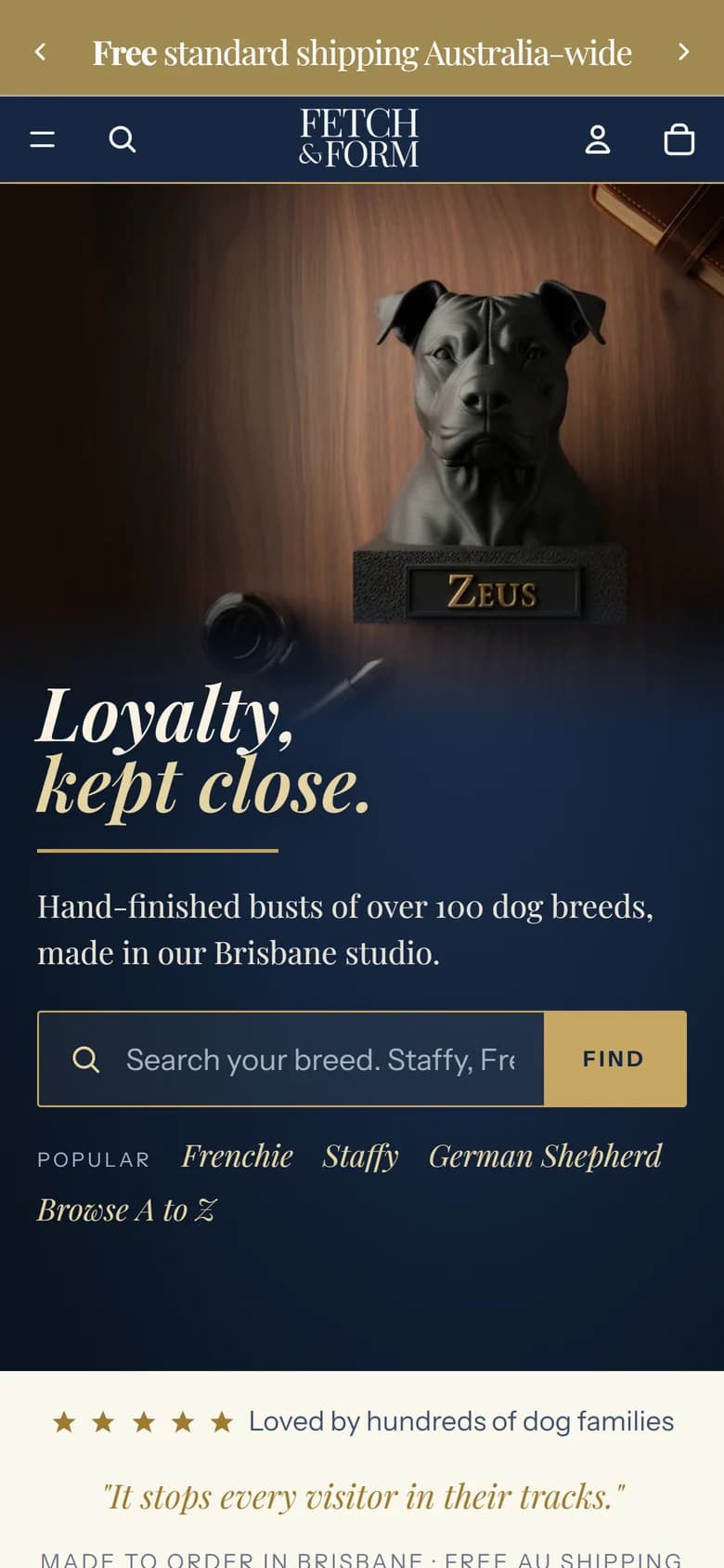 The Fetch & Form homepage on a phone — 'Loyalty, kept close.' over the Zeus bust with the breed search