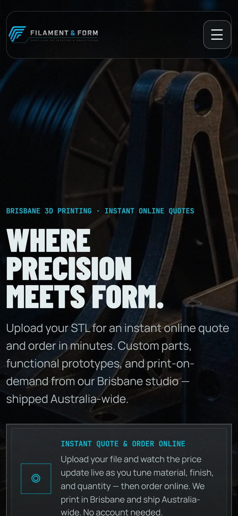 The Filament & Form homepage on a phone — 'Where precision meets form.' over the printed-parts workbench