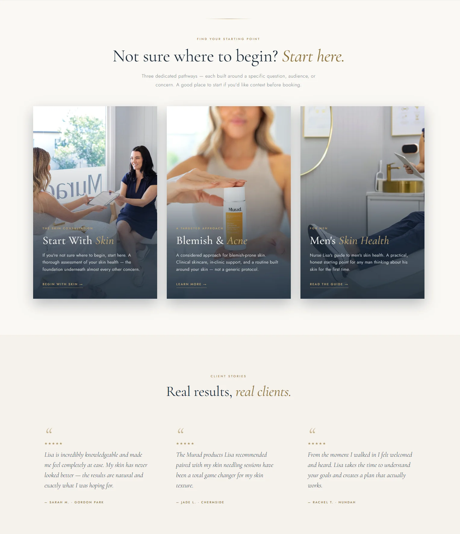 The Glow Co site — three 'start here' skin pathways: skin consultation, blemish & acne, and men's skin health