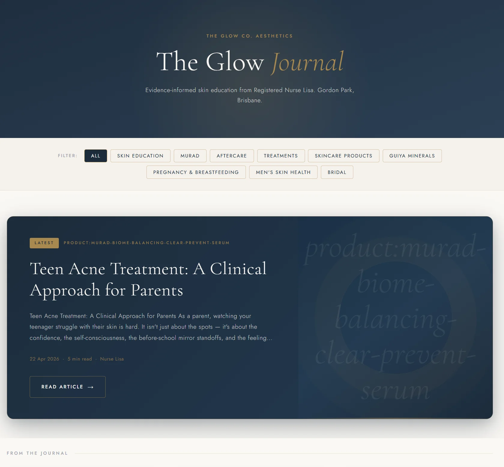 The Glow Co site — The Glow Journal, the clinic's skin-education blog index
