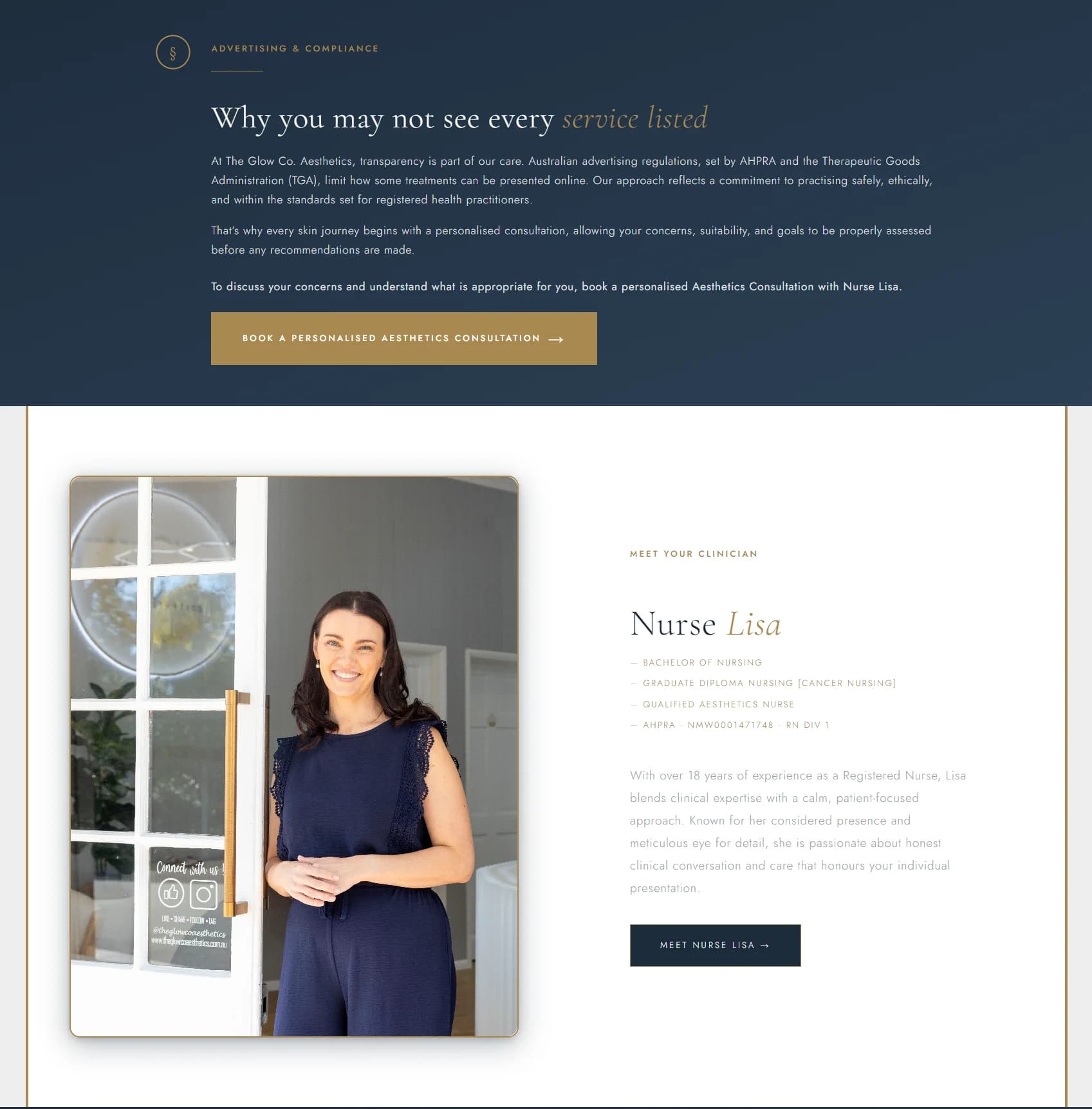 The Glow Co site — advertising-compliance note beside the 'Meet your clinician, Nurse Lisa' profile
