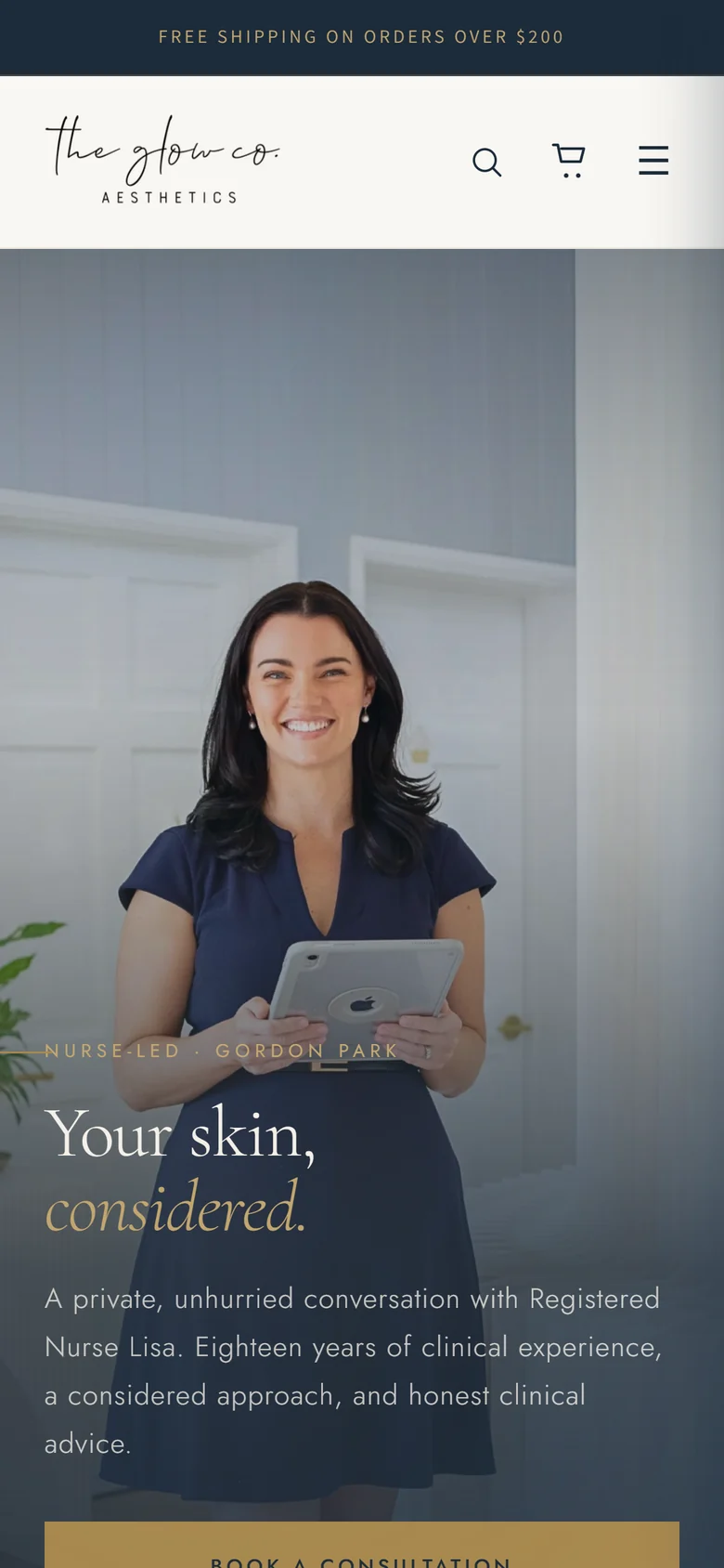 The Glow Co Aesthetics homepage on a phone — 'Your skin, considered.' over the founder portrait