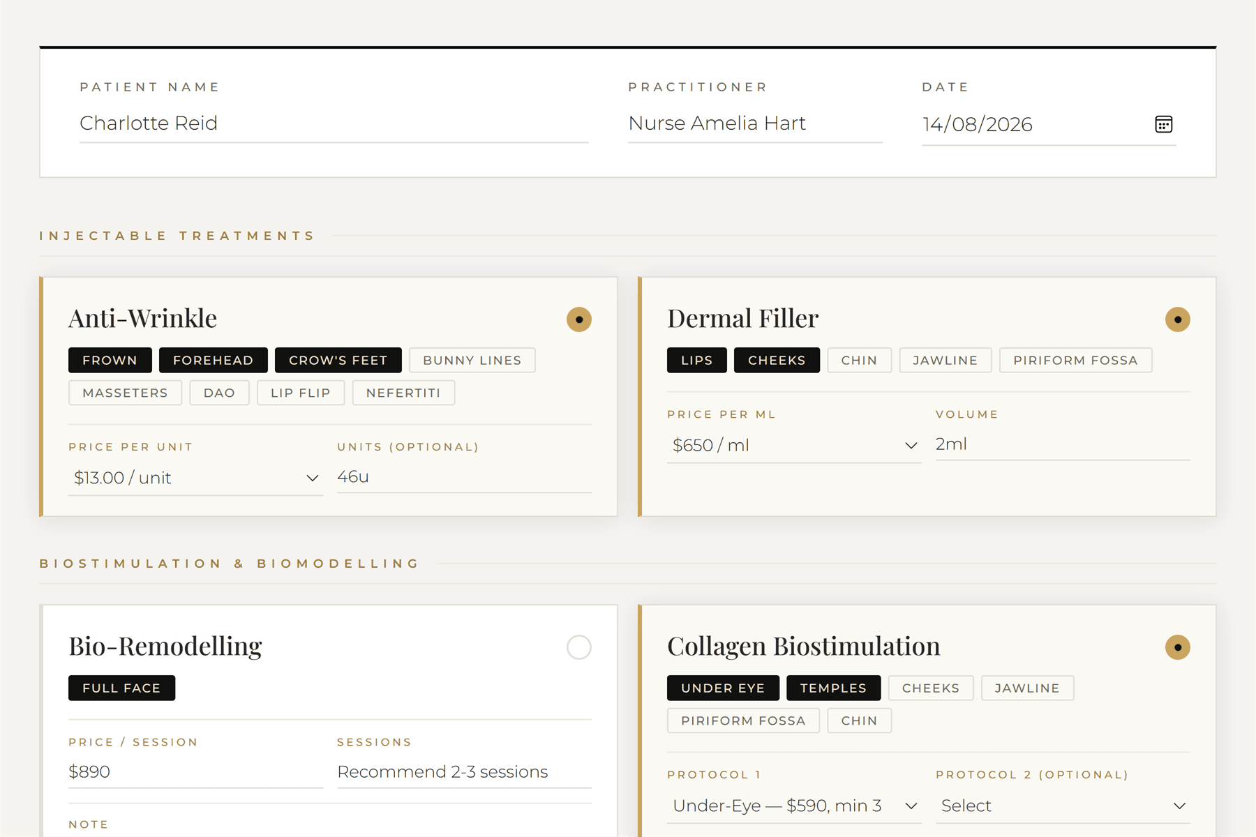 The Face Prescription builder, with patient and practitioner fields above treatment rows carrying area selections, pricing and session counts.