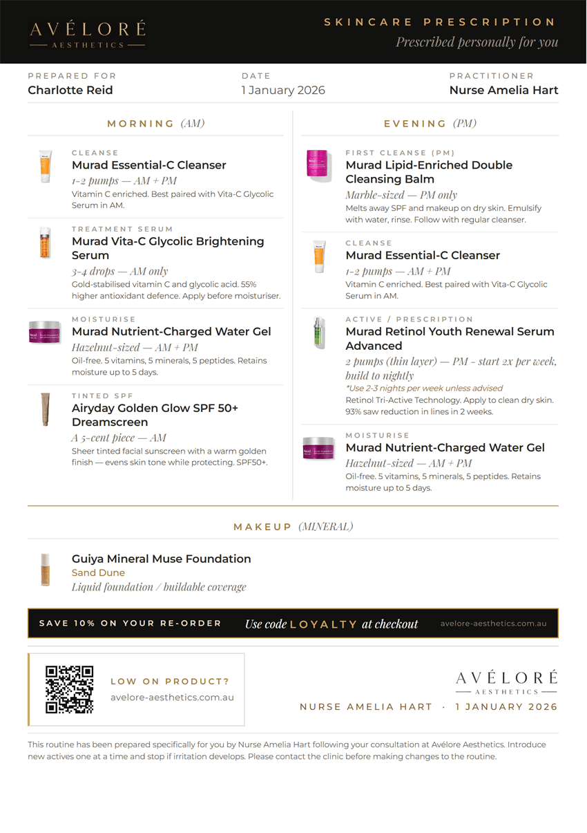 A branded skincare prescription produced by the suite, with morning and evening routines
