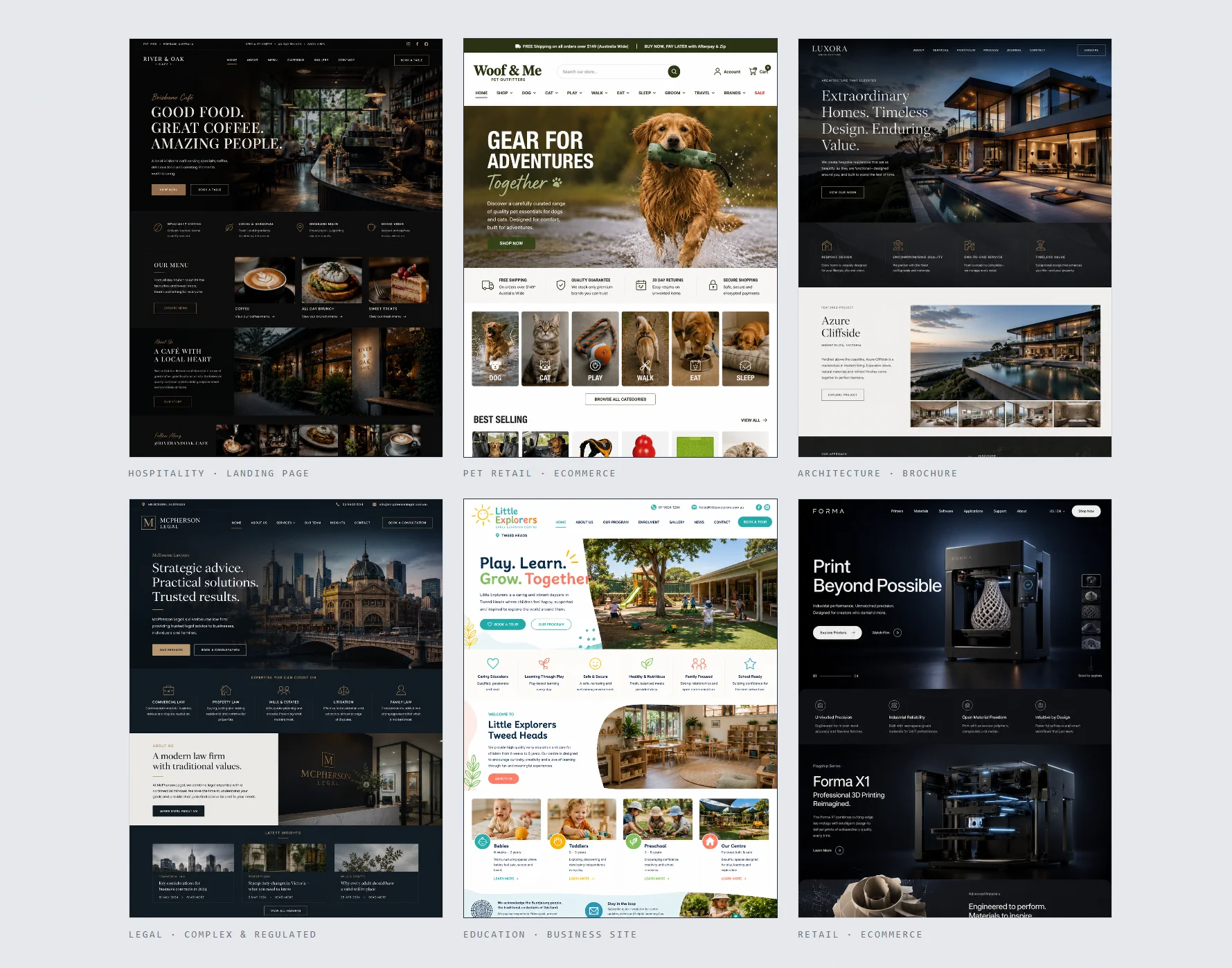 Six recent website builds across hospitality, pet retail, architecture, legal, education and ecommerce