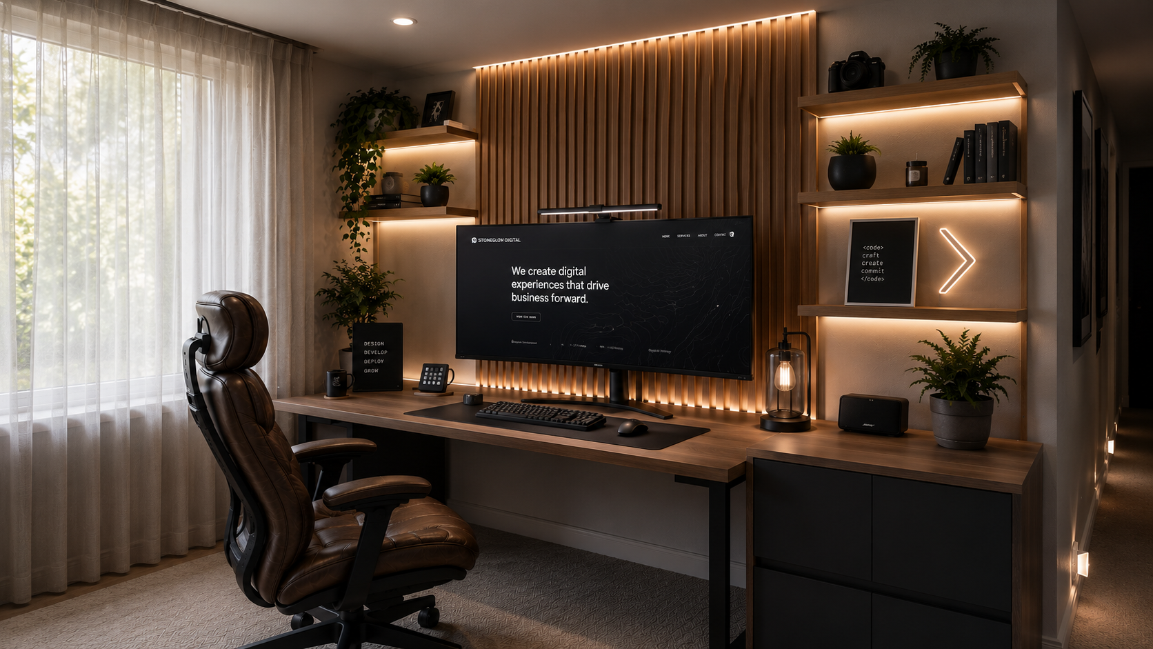 The Stoneglow Digital studio — Brisbane workspace, designer's desk in warm afternoon light