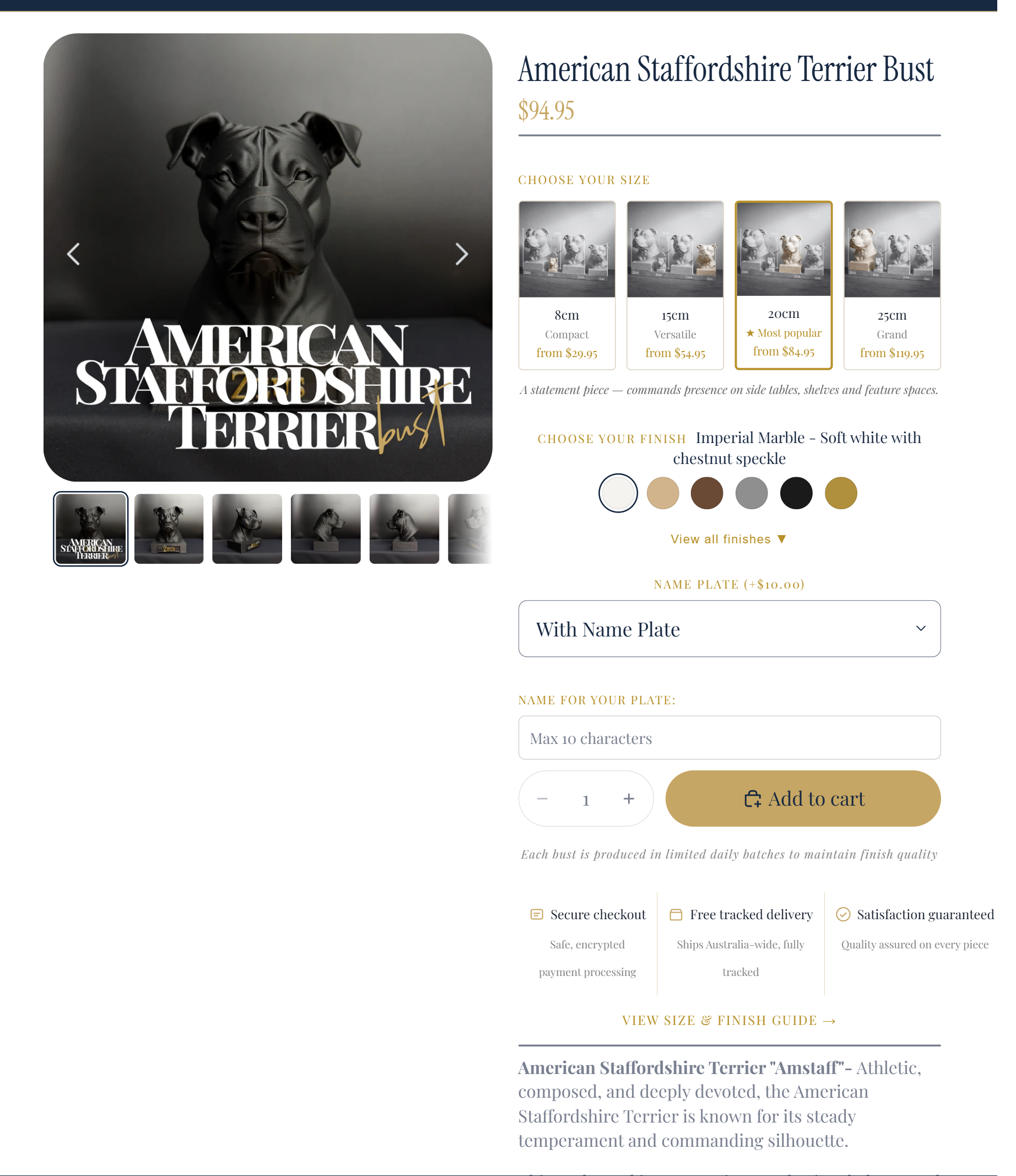Fetch & Form — product detail page with size selector and finish options