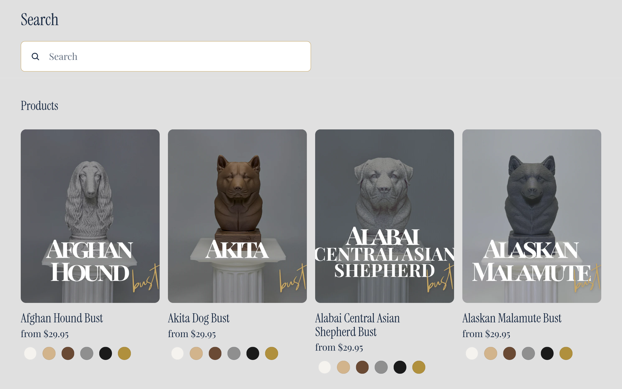Fetch & Form — breed search grid showing Afghan Hound, Akita and Alabai ceramic busts