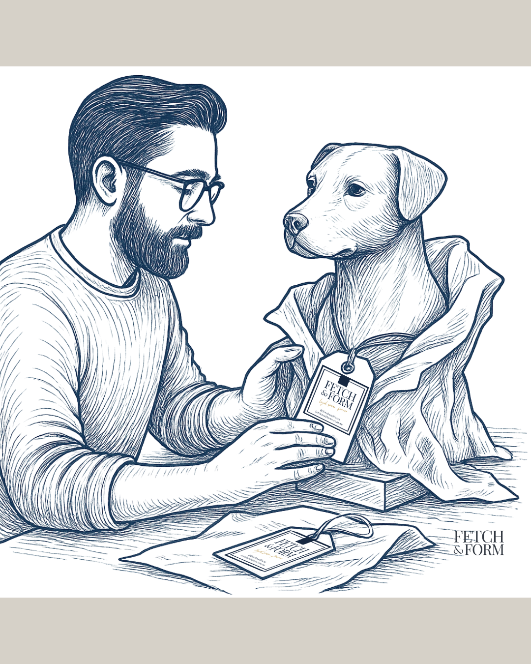 Fetch & Form — artisan attaching a handwritten swing tag to a wrapped dog bust before dispatch