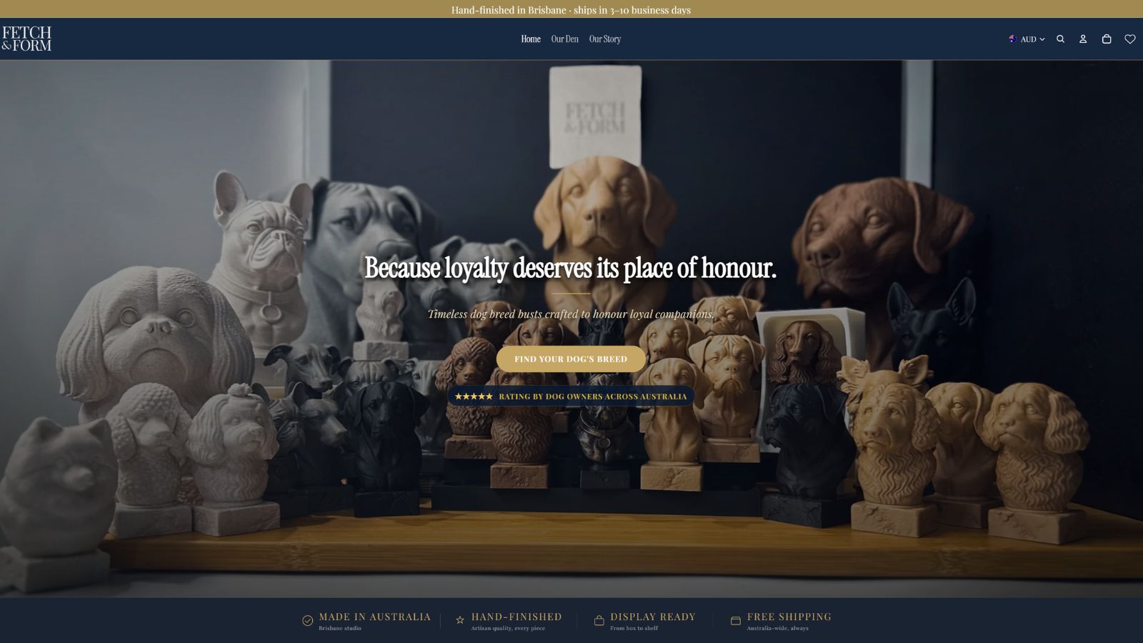 Fetch & Form — full collection of ceramic dog busts on display